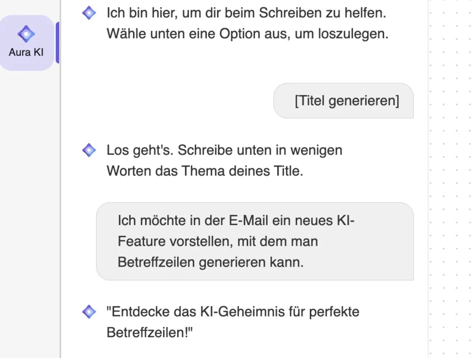 KI-Mail schreiben: Screenshot, wie du einen Titel für deine E-Mail mit Aura, dem KI-Tool von Brevo, generierst.