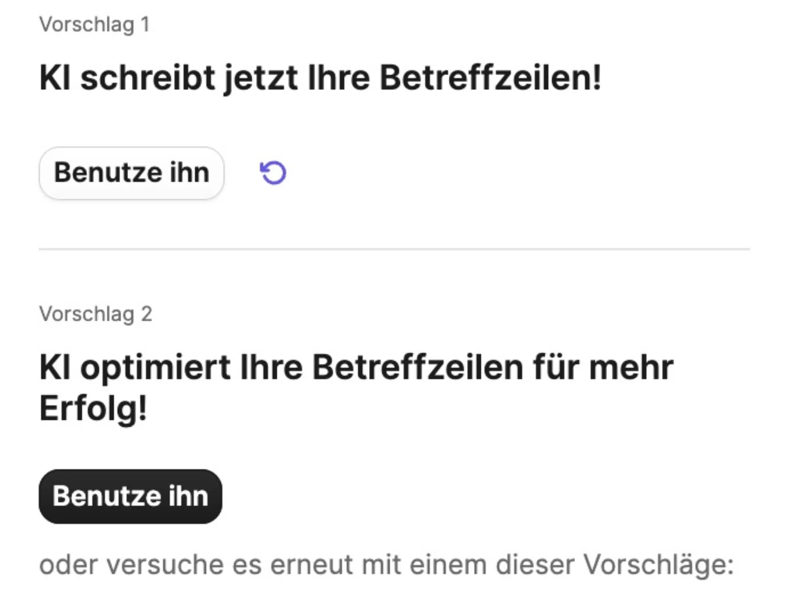 KI-Mail schreiben: Screenshot, wie du die Betreffzeile deiner E-Mail mit Aura, dem KI-Tool von Brevo, erstellst.