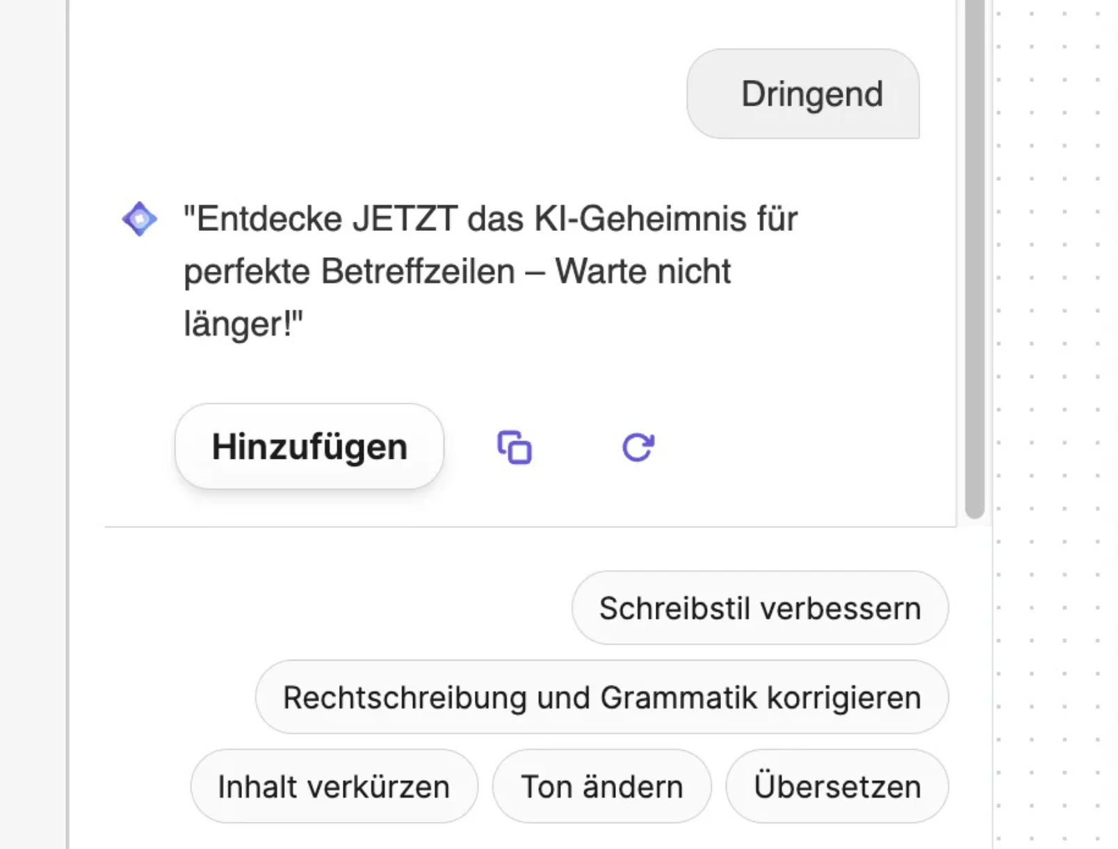KI-Mail schreiben: Screenshot, wie du den Inhalt deiner E-Mail mit Aura, dem KI-Tool von Brevo, anpasst.