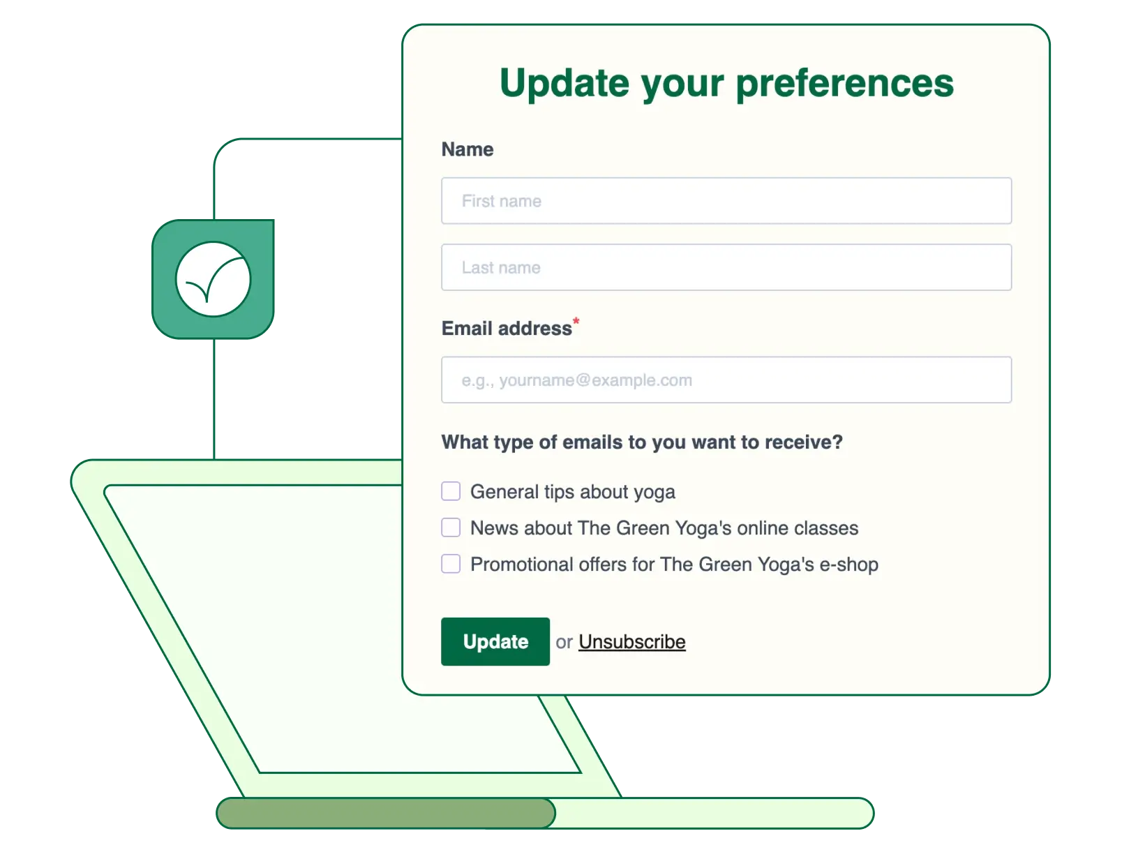 Online-Formular mit der Überschrift „Update your preferences“ zur Aktualisierung von Newsletter-Einstellungen; enthält Felder für Name und E-Mail-Adresse sowie Auswahlkästchen für gewünschte E-Mail-Inhalte und Schaltflächen „Update“ oder „Unsubscribe“