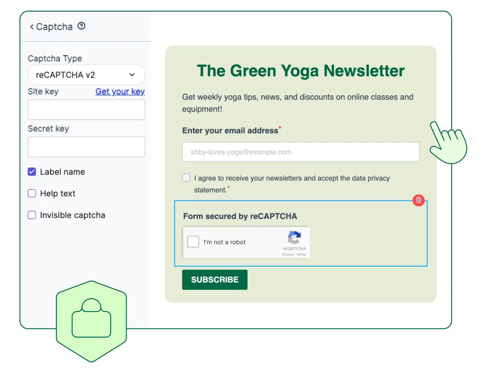 Online-Anmeldeformular für einen Newsletter, mit Überschrift „The Green Yoga Newsletter“, einem Feld zur Eingabe der E-Mail-Adresse und grünem „Subscribe“-Button; darüber ein Captcha mit Checkbox und dem Titel "I'm not a robot"