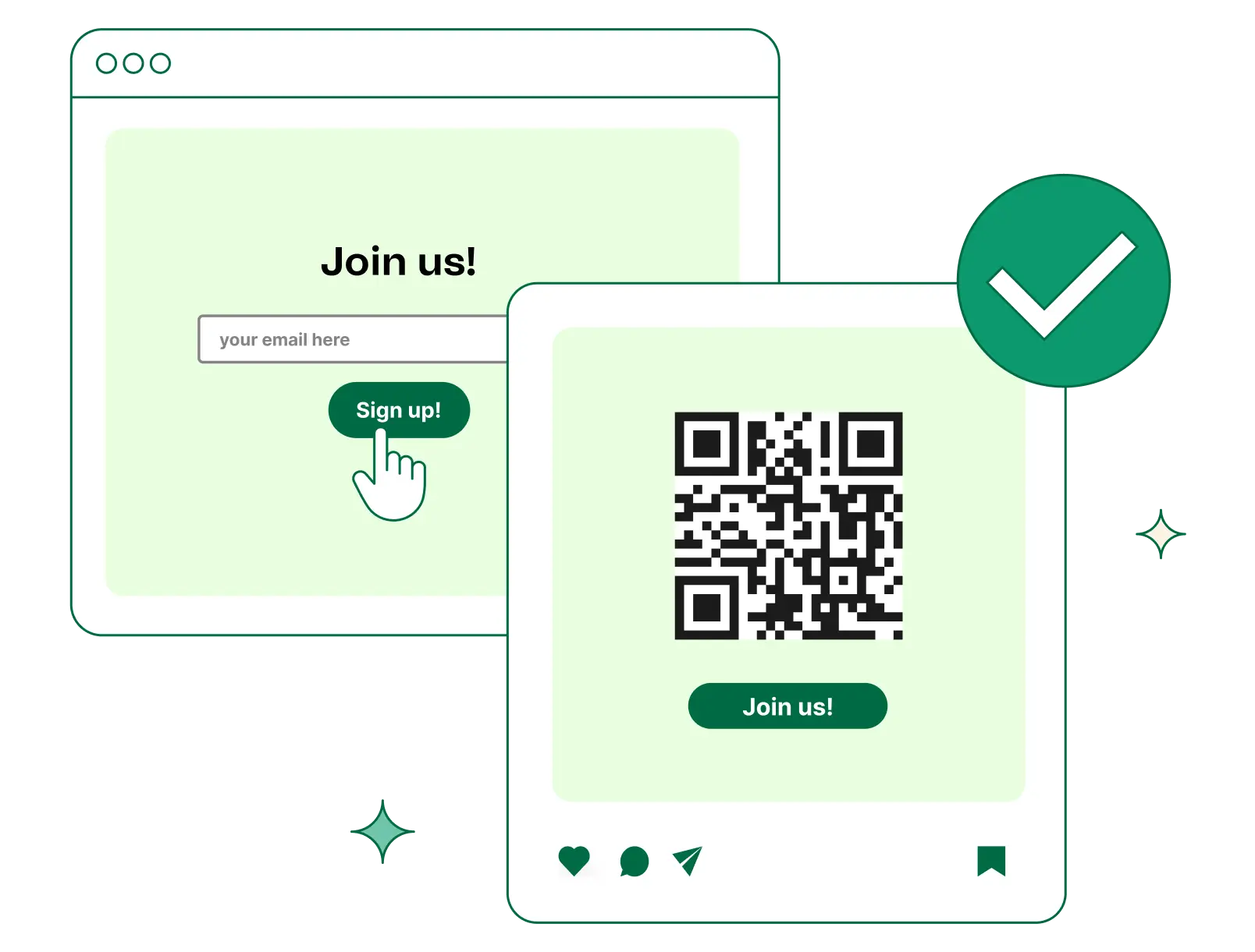 QR-Code, der auf ein Online-Formular weiterleitet, darunter ein grüner Button mit der Aufschrift "Join us!"; daneben ein klassisches Anmeldeformular mit dem Titel "Join us!", einem Feld zur Eingabe der E-Mail-Adresse und einem grünen Button mit der Aufschrift "Sign up!"