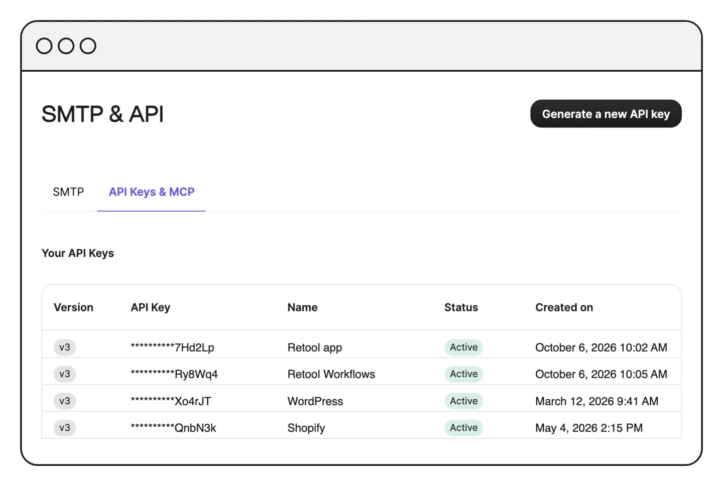 Gerencie as chaves na Brevo Lista de chaves API da Brevo com chaves ativas para um app Retool e Retool Workflows