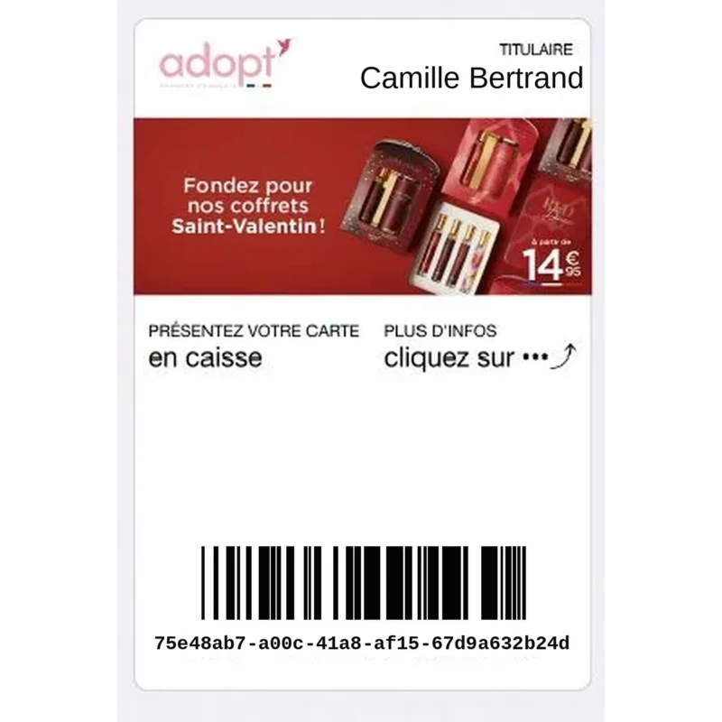Cartão de fidelidade digital da Adopt na wallet móvel com oferta de Dia dos Namorados e código de barras.
