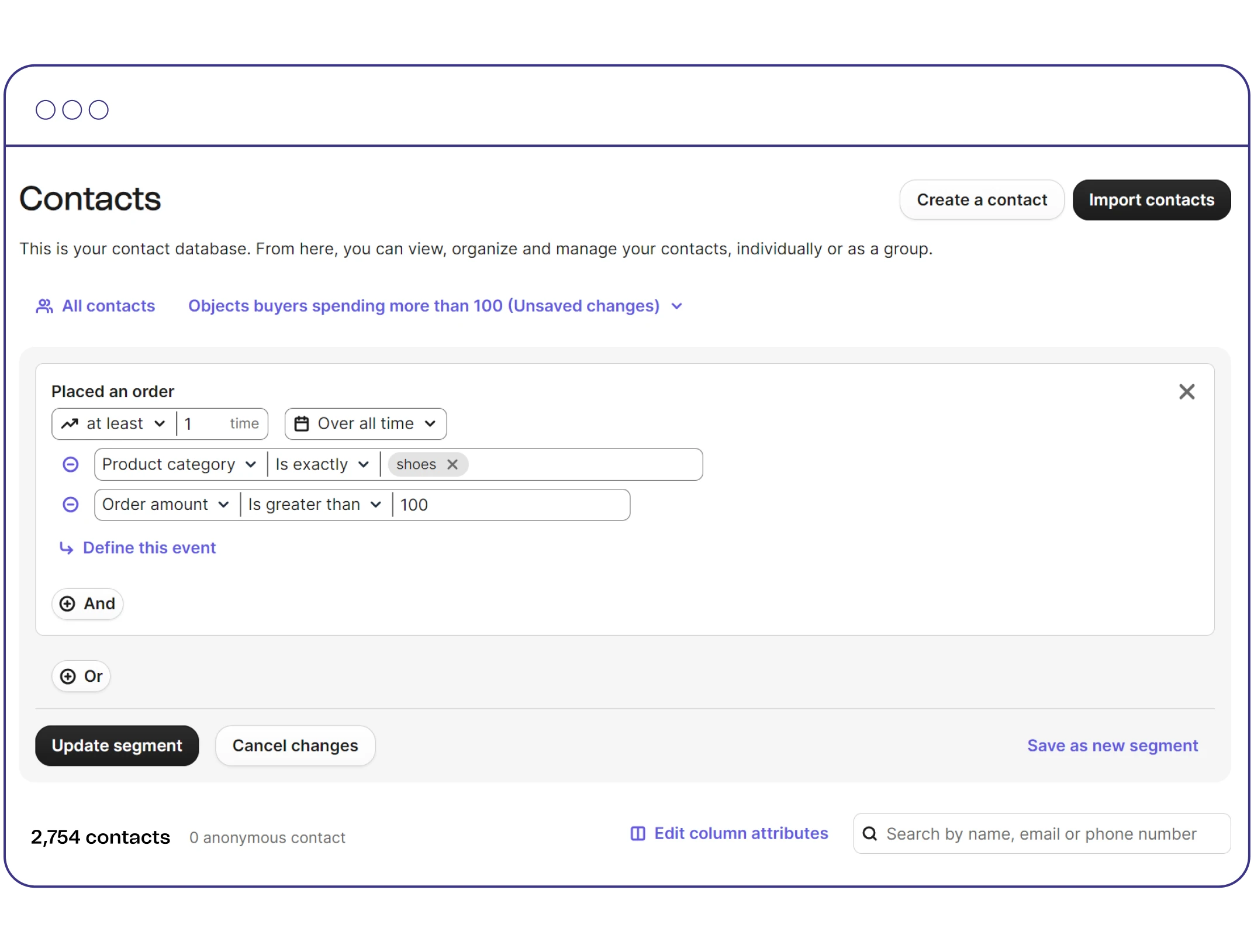 Manage contacts and lists Brevo Contacts page with a contact segment
