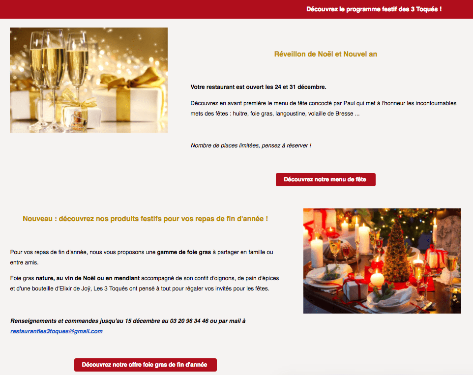 Pour Noel, encouragez vos clients à choisir votre restaurant Newsletter restaurant de fête