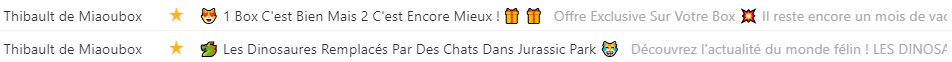 Des objets d'email de Miaoubox Emoji emailing : illustration d'utilisation par Miaoubox